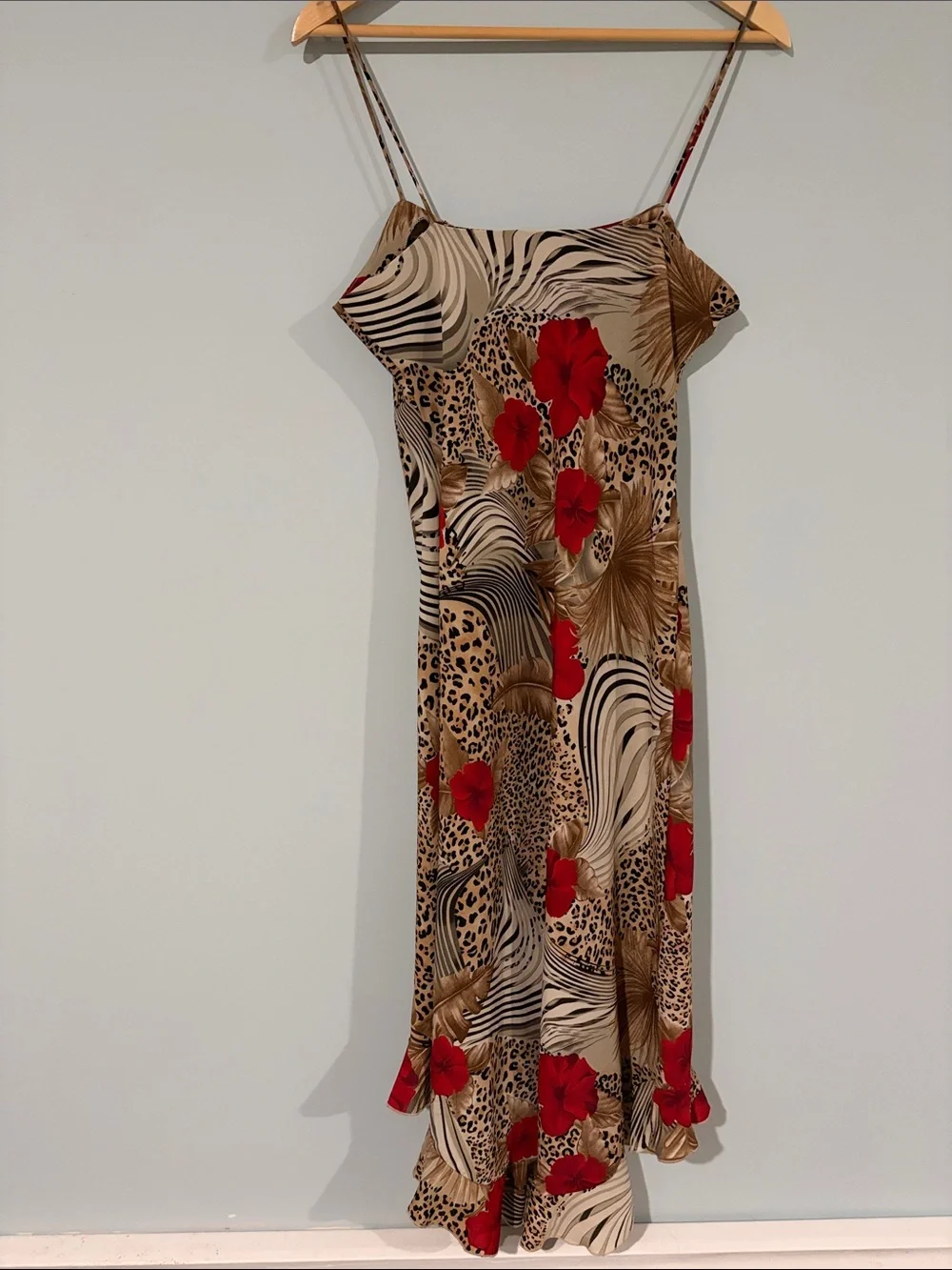 Y2K-era Tropical Leopard Slip Midi Dress with Red Floral - Picture 4 of 9